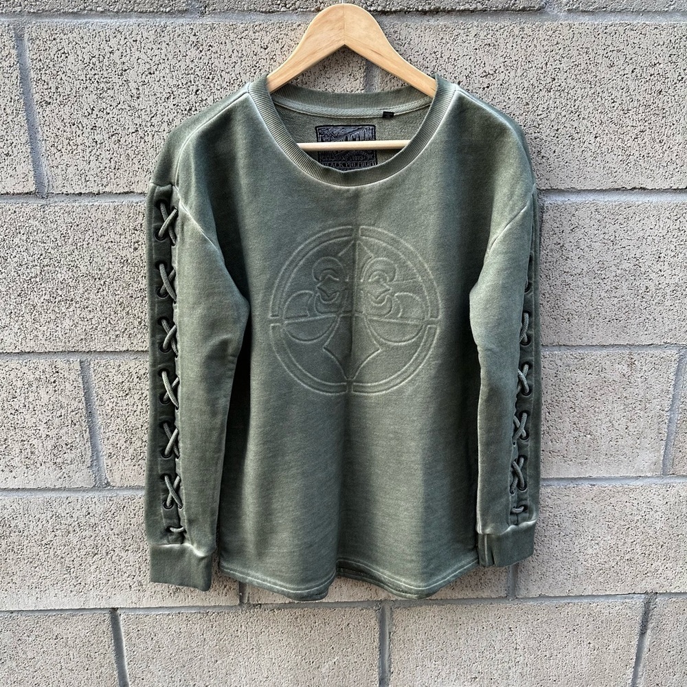 Affliction Sweatshirt Light Olive Green Lace Up Sleeves Women’s Size S